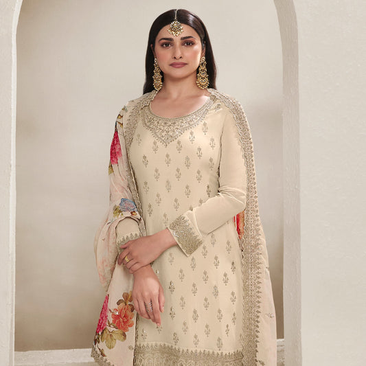 Off White Embroidered Silk Stright Kurta With Trouser & Digital Printed Dupatta