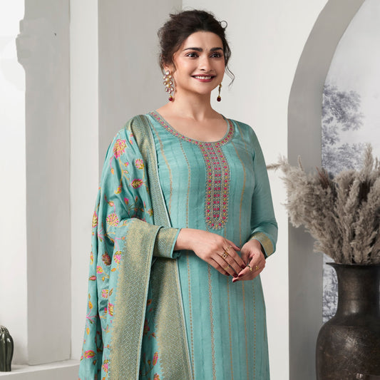 Wedding Function Wear Turquoise Dress Material