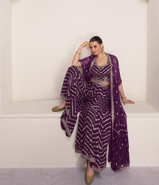 purple Color Heavy Sequins Embroidered Wedding Wear Sharara Suit