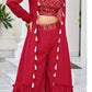 Red Embroidered Jacket Style Floor Length Suit