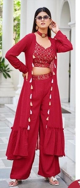 Red Embroidered Jacket Style Floor Length Suit