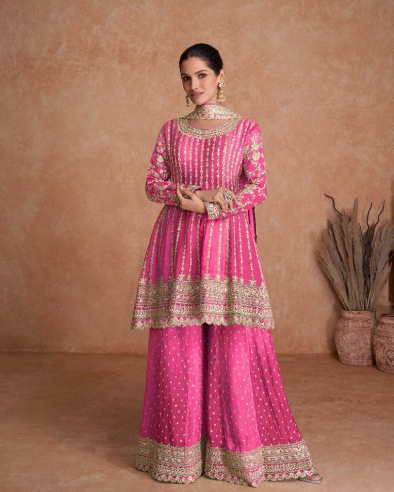Dark Pink Traditional Embroidery Wedding Sharara Suit