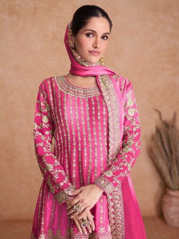 Dark Pink Traditional Embroidery Wedding Sharara Suit