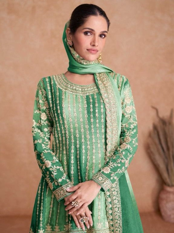 Chinon Embroidered Green Trendy Salwar Kameez