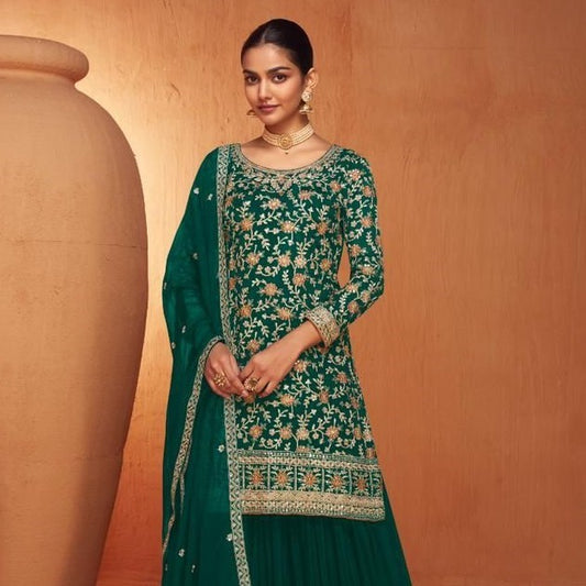 Rama Green Heavy Embroidered Chinon Fabric Designer Plazo Suit