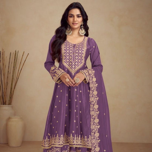 Purple Color Festive Wear Silk Embroidery Sharara Suit For Women