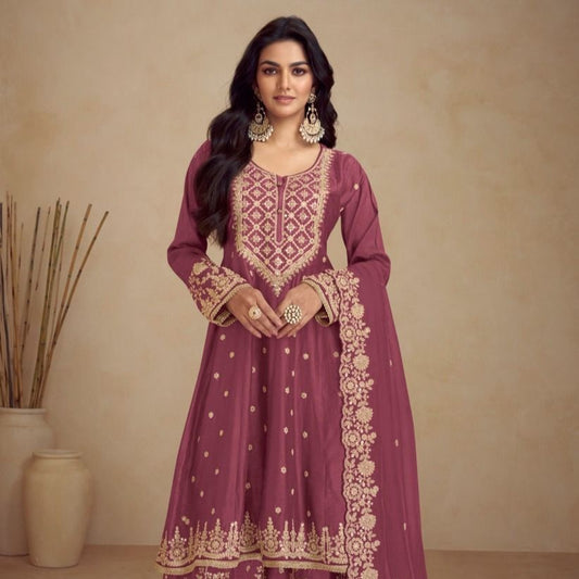 Rose Pink Color Festive Wear Silk Embroidery Sharara Suit For Women