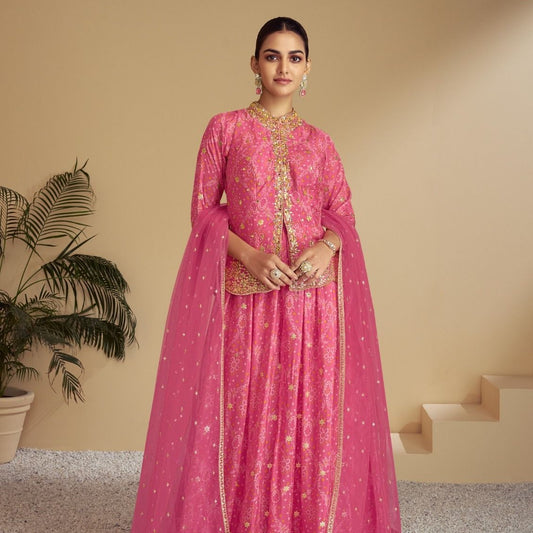 Pink Color Wedding Wear Mirrow Work Embroidery Sharara Suit For Women