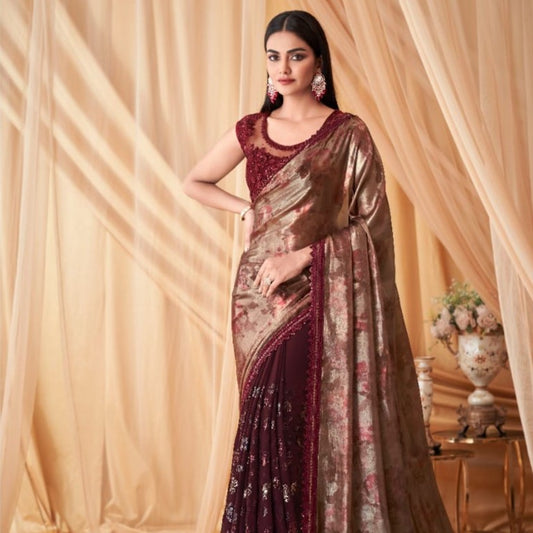 Maroon Sequence Embroidered Georgette Fabric Marriage Reception Saree