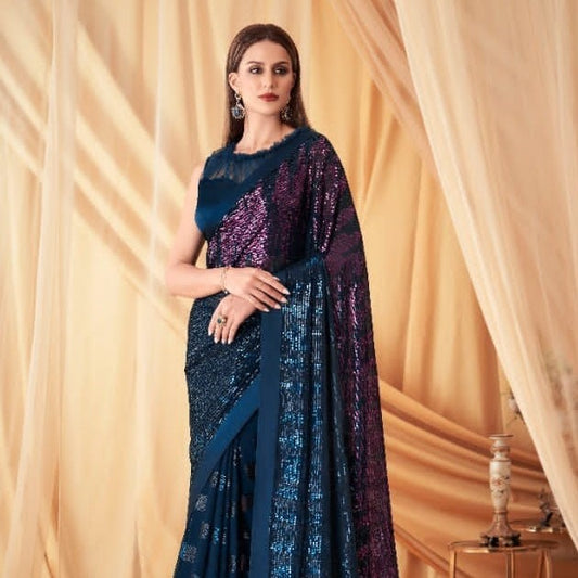 Blue Sequence Embroidered Georgette Fabric Marriage Reception Saree
