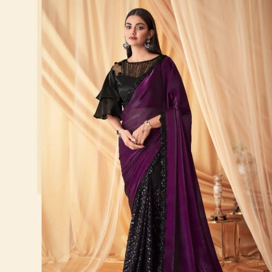 Wine And Black Sequence Embroidered Georgette Fabric Marriage Reception Saree