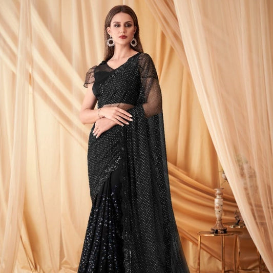 Black Sequence Embroidered Georgette Fabric Marriage Reception Saree