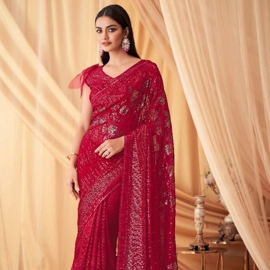 Magenta Pink Sequence Embroidered Georgette Fabric Marriage Reception Saree