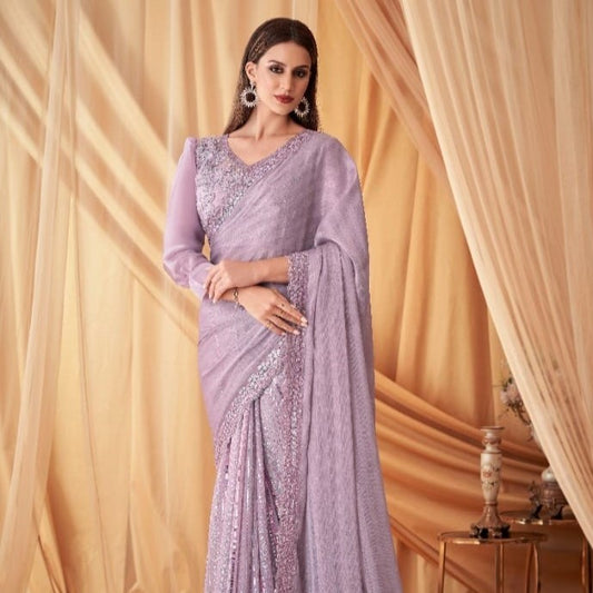 Lavender Sequence Embroidered Georgette Fabric Marriage Reception Saree