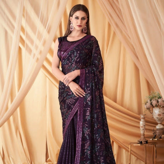 Purple Sequence Embroidered Georgette Fabric Marriage Reception Saree