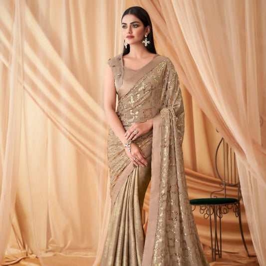 Golden Beige Sequence Embroidered Georgette Fabric Marriage Reception Saree