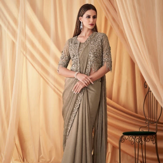 Beige Sequence Embroidered Georgette Fabric Marriage Reception Saree