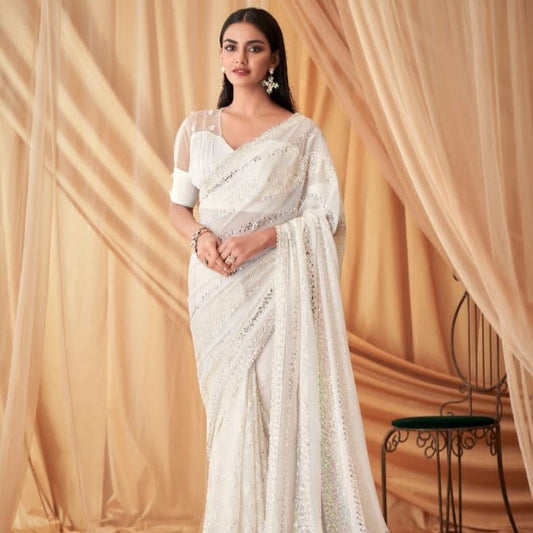 White Sequence Pearl Georgette Fabric Marriage Reception Saree
