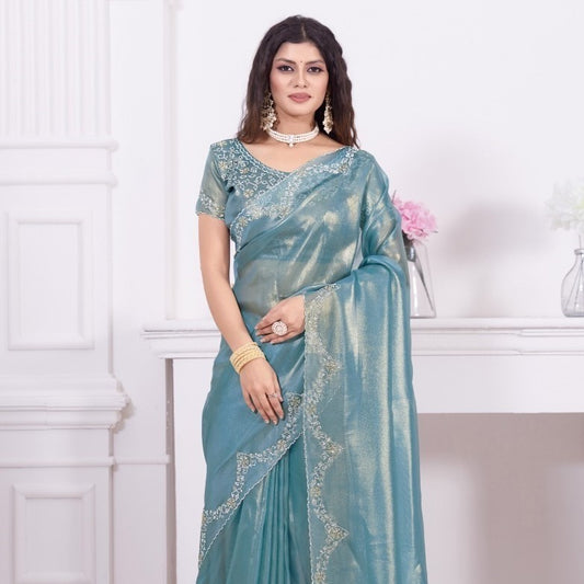 Teal Heavy Handwork Embellished Embroidered Raina Net Saree With Contrast Border