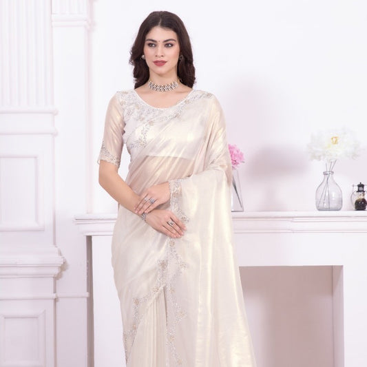 White Heavy Handwork Embellished Embroidered Raina Net Saree With Contrast Border