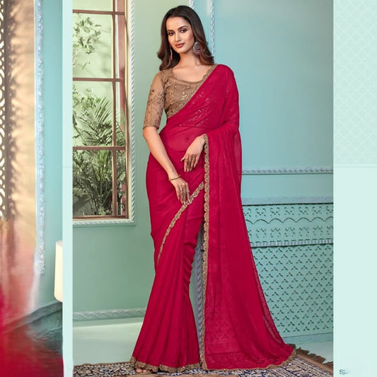 Red Georgette Saree For Wedding Reception With Heavy Work