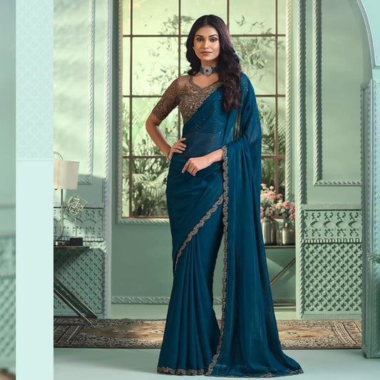 Teal Georgette Saree For Wedding Reception With Heavy Work