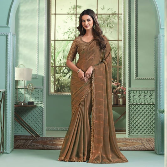 Brown Georgette Saree For Wedding Reception With Heavy Work