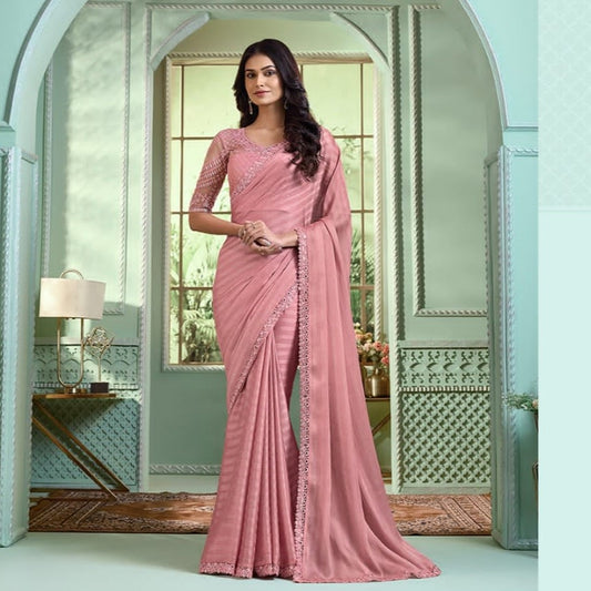 Pastel Pink Georgette Saree For Wedding Reception With Heavy Work