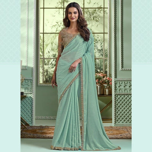 Turquoise Chiffon Saree For Wedding Reception With Heavy Work