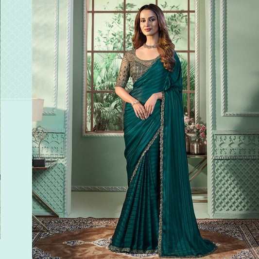 Teal Green Georgette Saree For Wedding Reception With Heavy Work