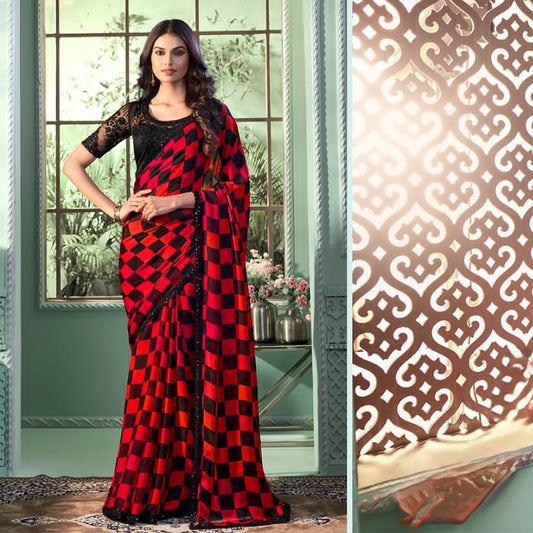 Red & Black Chiffon Saree For Wedding Reception With Heavy Work