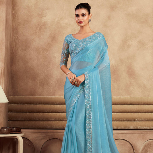 Sky Blue Color Sequence Embroidered Chiffon Fabric Marriage Reception Saree