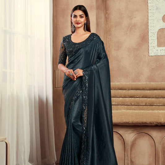 Black Color Sequence Embroidered Satin Fabric Marriage Reception Saree