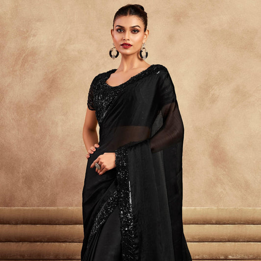 Black Color Sequence Embroidered Chiffon Fabric Marriage Reception Saree