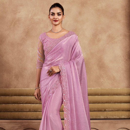 Pink Color Sequence Embroidered Satin Fabric Marriage Reception Saree