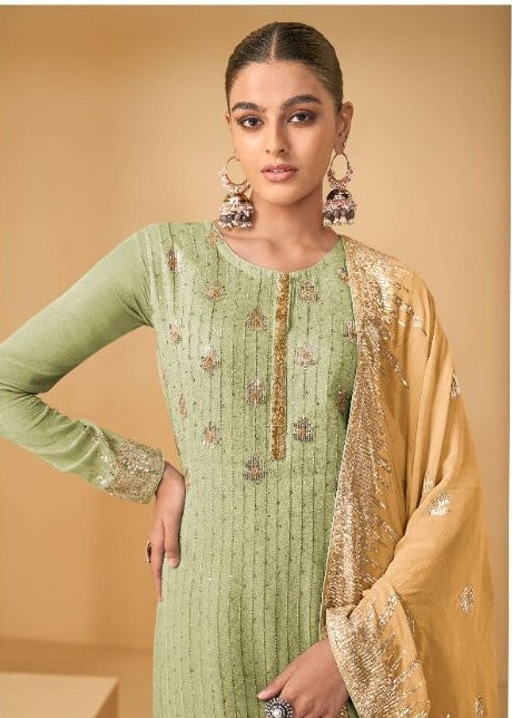 Green & Yellow Sequins Embroidery Georgette Gharara Suit