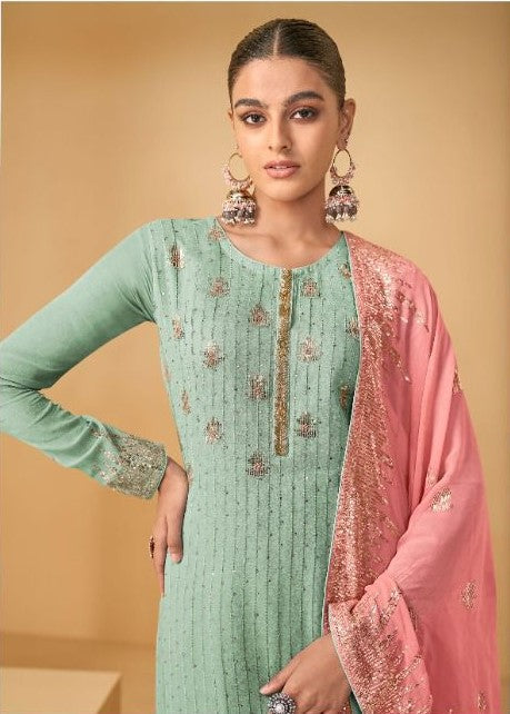 Teal Colored Party Wear Sharara Suit Sequins Embroidered