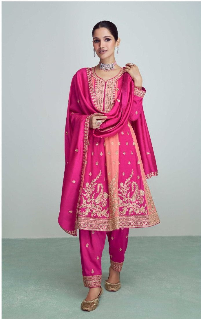 Pink & Peach Silk Embroidered Wedding Wear Salwar Kameez