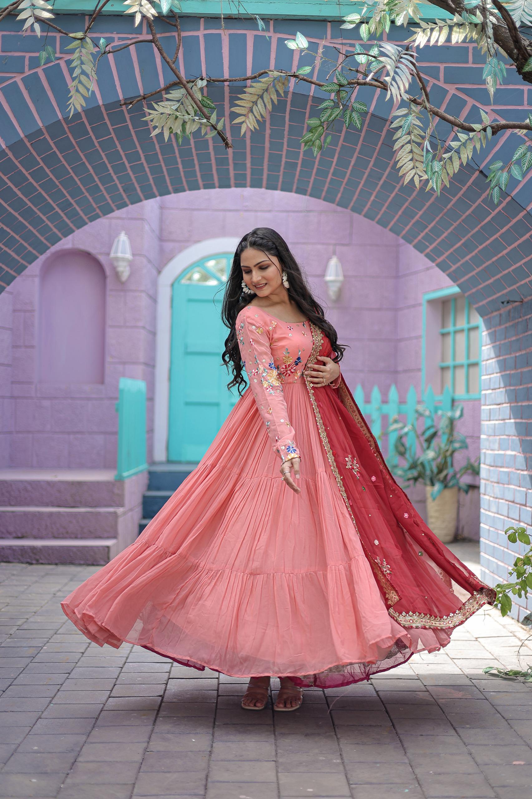 Embroidery Work Peach Color Gown With Dupatta - Clothsvilla