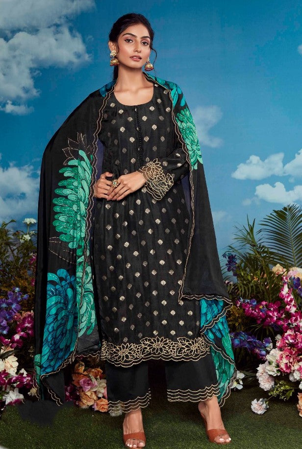 Black Muslin Weaving Butti Organza Embroidered Traditional Wear Trouser Kameez Suit