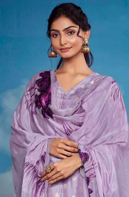 Lilac Muslin Weaving Butti Organza Embroidered Traditional Wear Trouser Kameez Suit