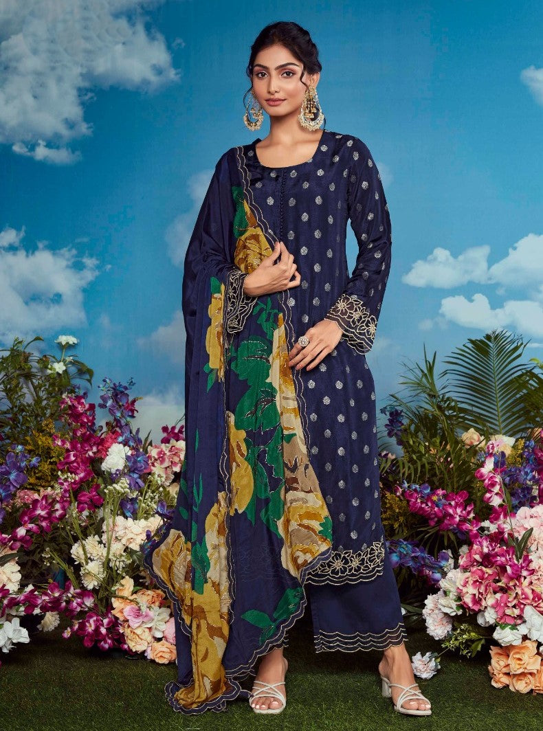 Navy Blue Muslin Weaving Butti Organza Embroidered Traditional Wear Trouser Kameez Suit