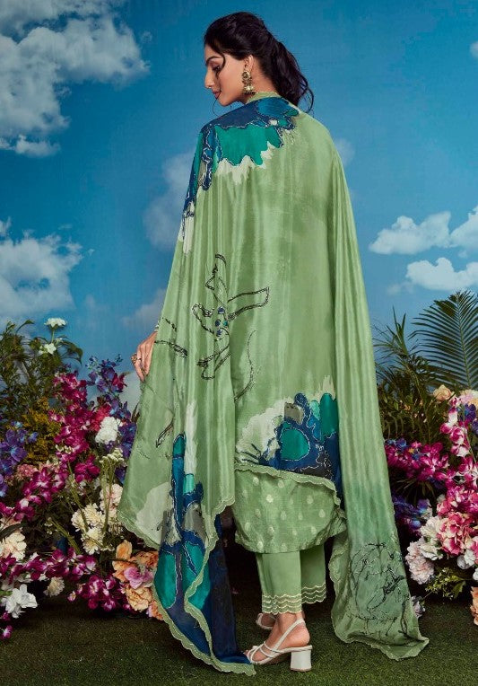 Pistachio Green Muslin Weaving Butti Organza Embroidered Traditional Wear Trouser Kameez Suit