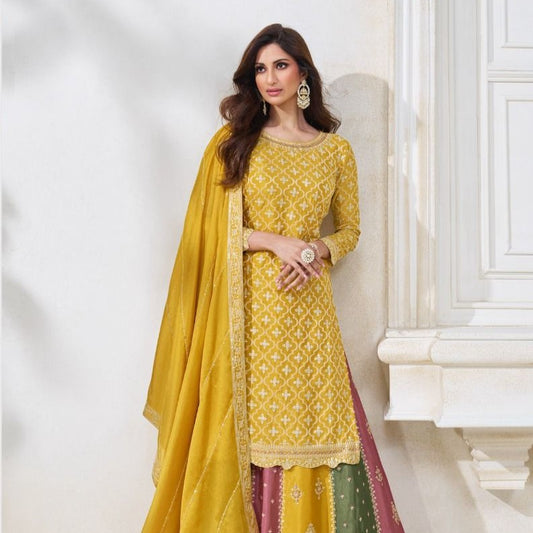 Yellow Multi Embroidered Traditional Lehenga Style Suit