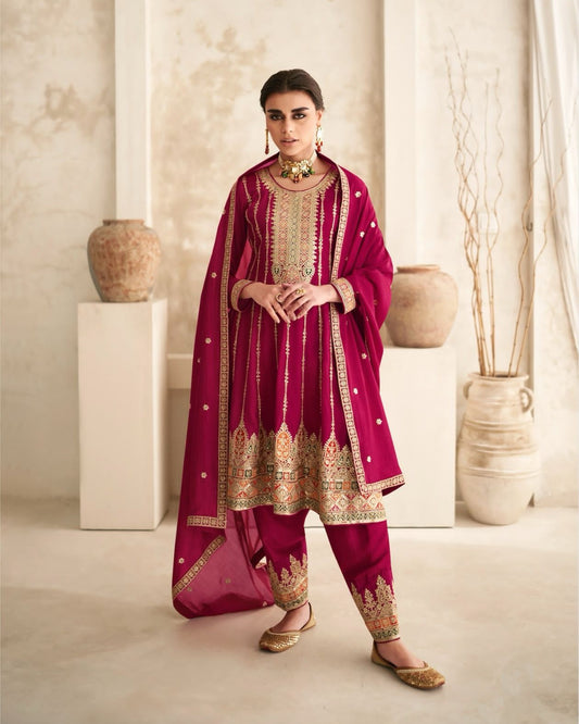 Rani-Magenta Party Wear Silk Short Anarkali Style Suit