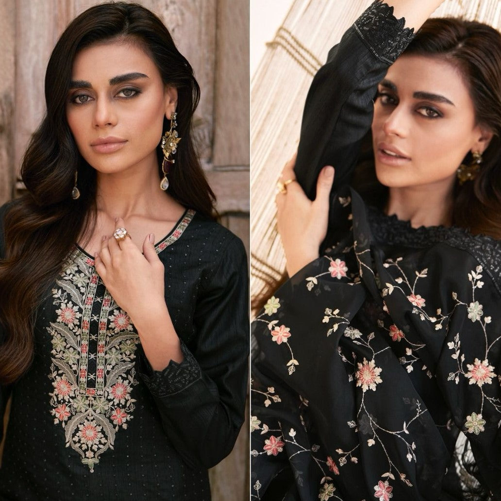 Black Eid Special Floral Embroidery Dolla Silk Salwar Suit