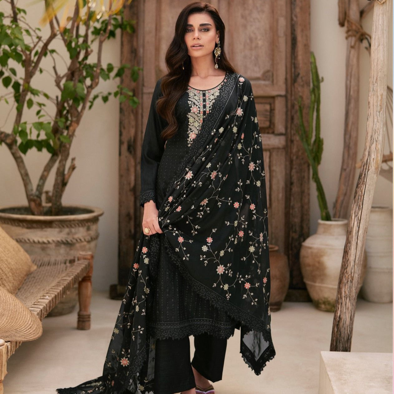 Black Eid Special Floral Embroidery Dolla Silk Salwar Suit