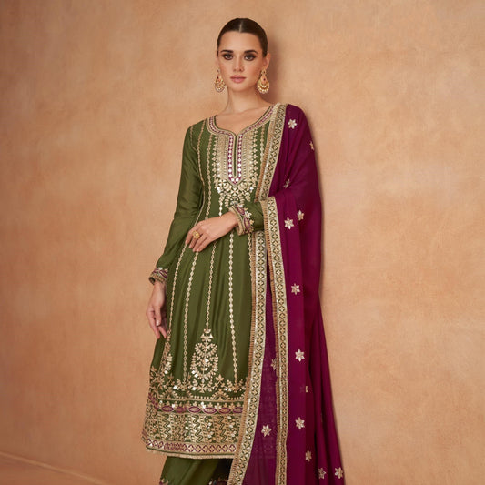 Olive Green Heavy Designer Embroidery Trouser Style Suit