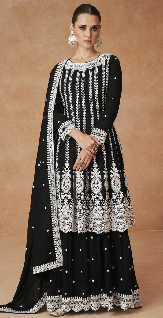 Black Colored Party Wear Sharara Suit Heavy Sequins Embroidery Silk Fabric