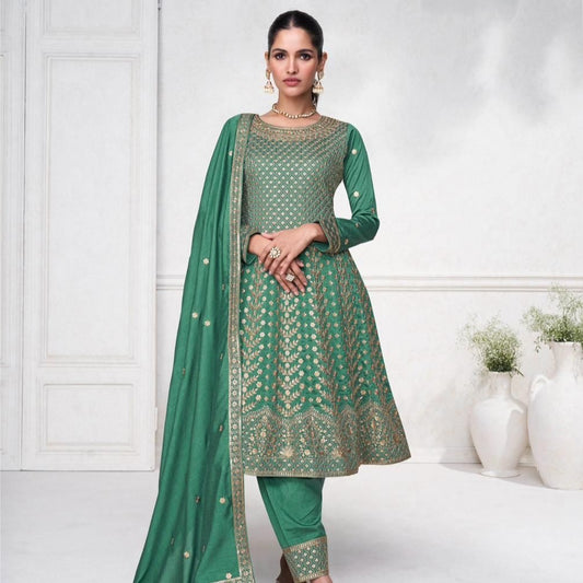 Jade Green Heavy Designer Embroidery Trouser Style Suit